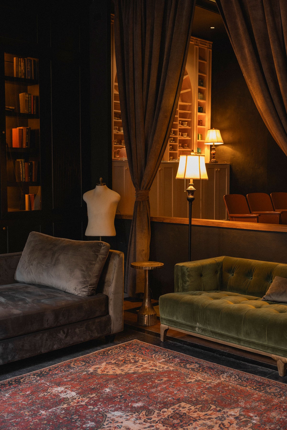 The library, shelves, a velvet sofa and a reading lamp